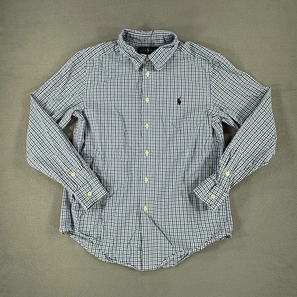 Ralph Lauren Button Down Shirt Check Cotton Boys Large L 14/16 Blue White